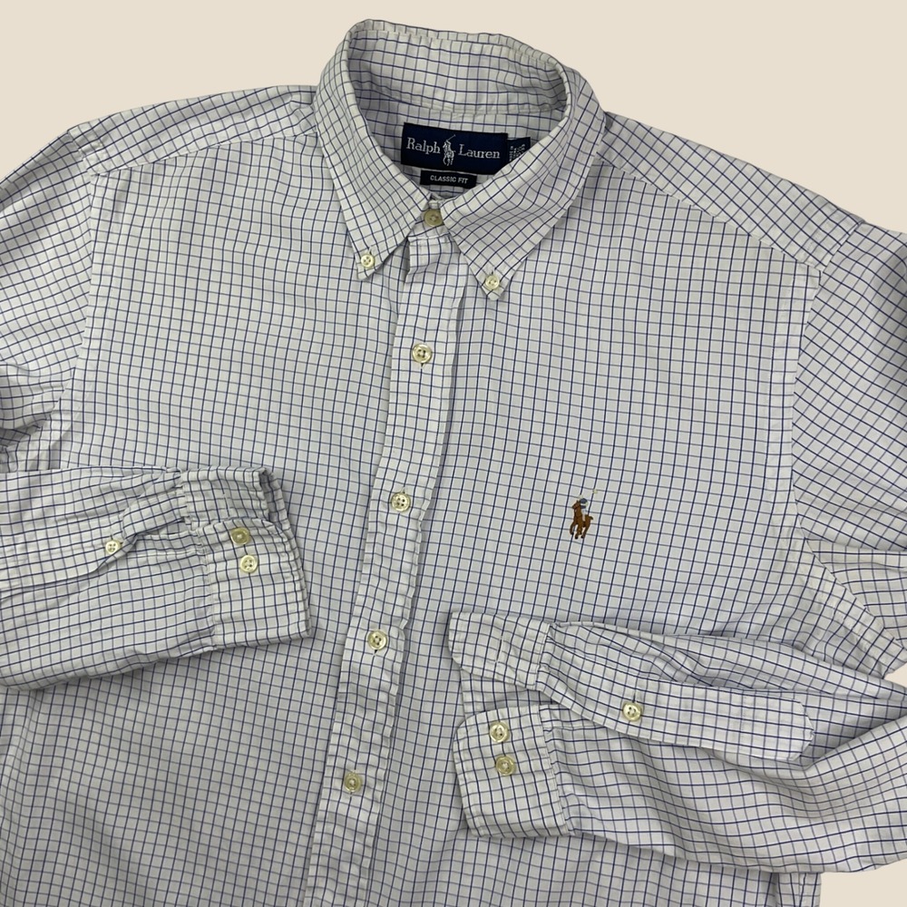 Polo Ralph Lauren Shirt Classic Fit Gingham Plaid White Blue Oxford Pony Sz 15.5